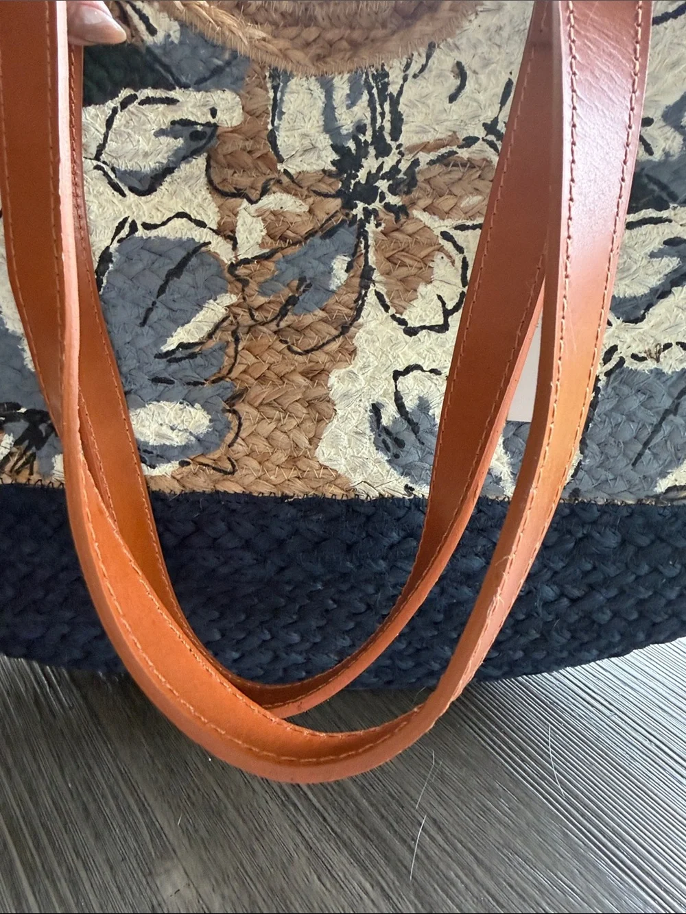 Chinese Laundry Floral Straw Tote in Navy, Cream & Tan